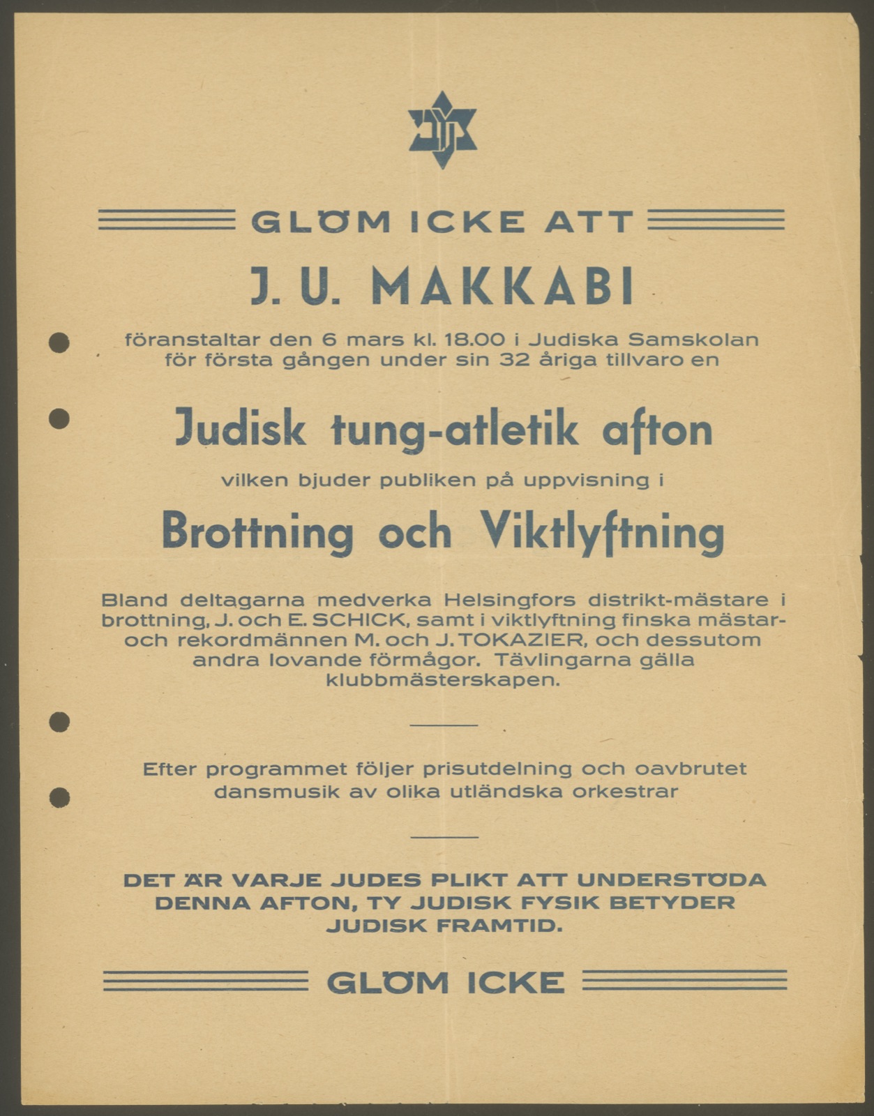 Makkabin kutsu paini- ja painonnostotapahtumaan 1938