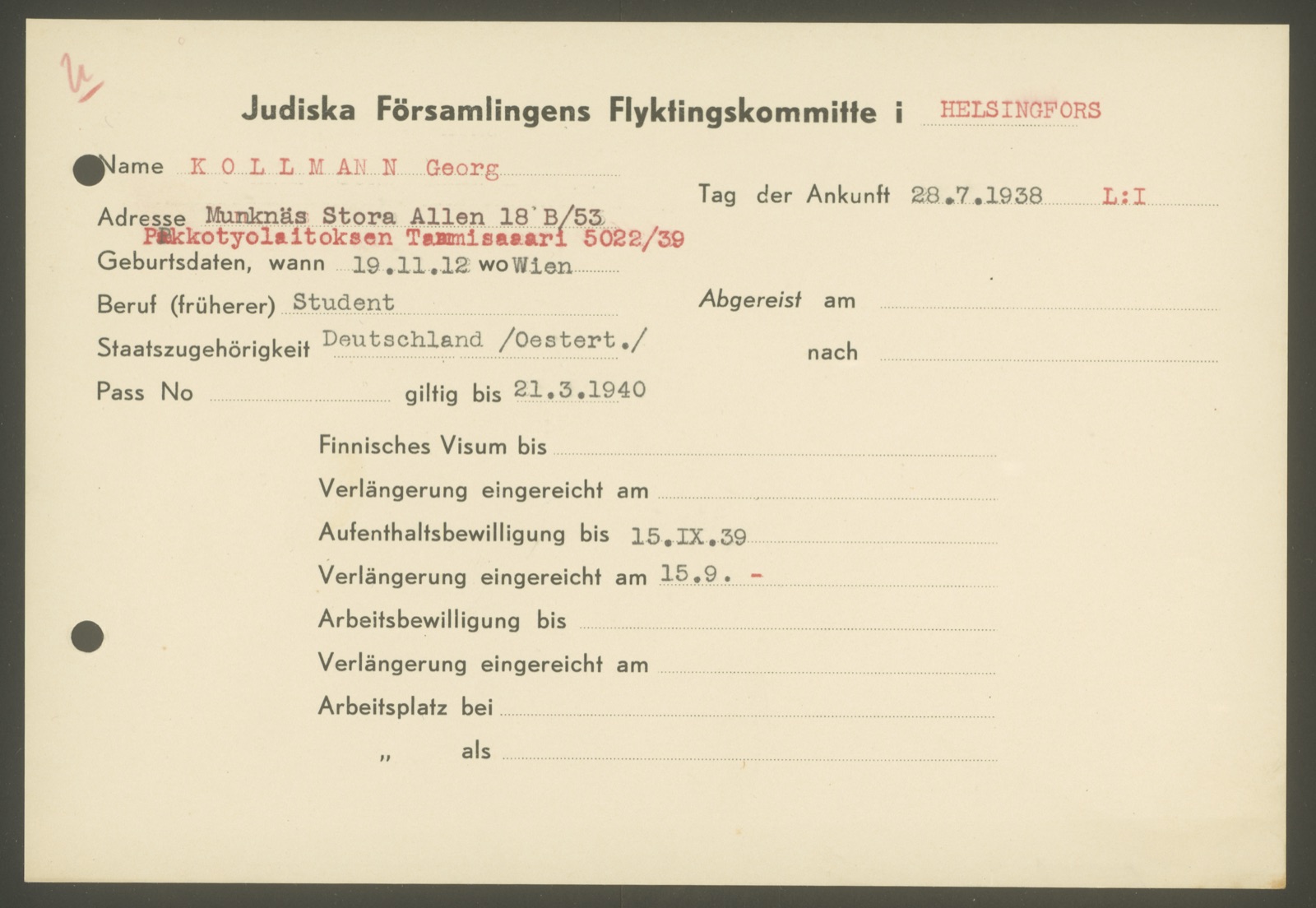 Georg Kollmannin henkilökortti pakolaiskomitean arkistosta